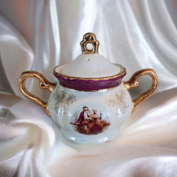 GNA Fine Porcelain Sugar Bowl w Lid 24k Hand Painted Victorian Iridescent Vintag - Picture 2 of 11